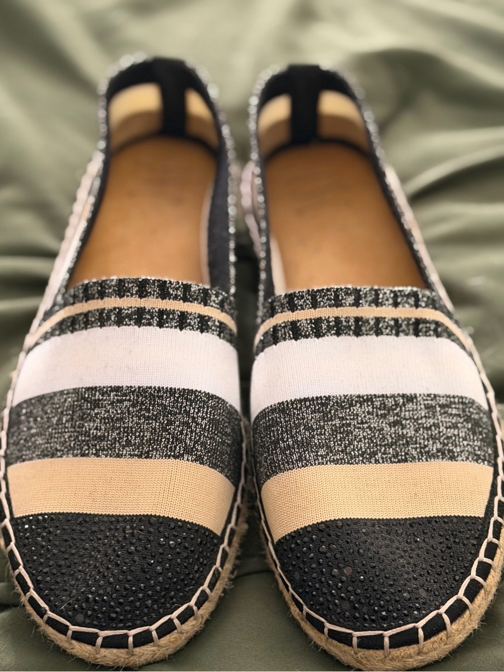 INC Espadrille flats Size 8, white,black,cream stripes, EUC, were$90 NOW $26